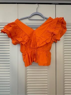 Bright Orange Ruffle V-Neck Women’s Top
